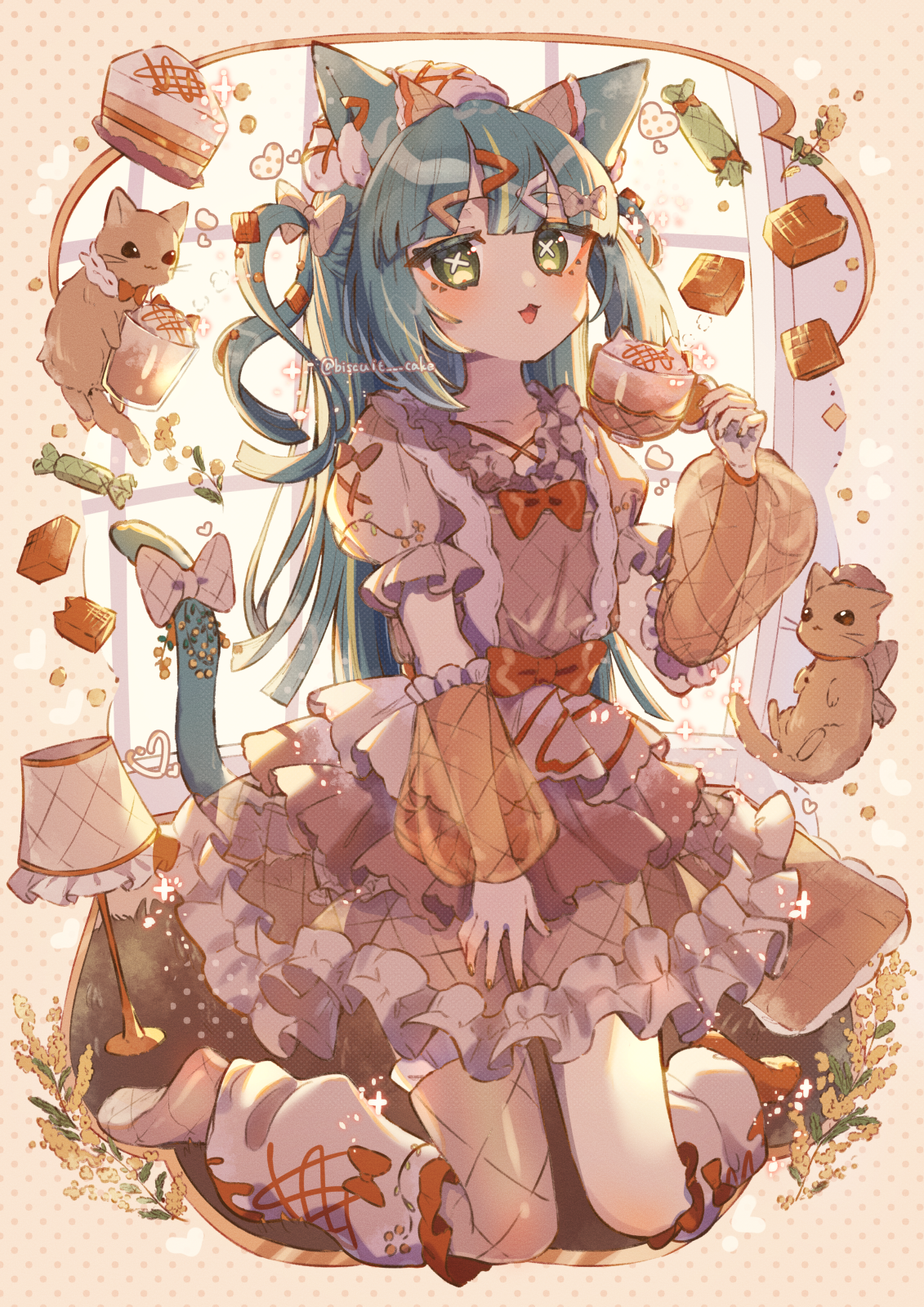 tsukumi bis, original, commentary, highres, symbol-only commentary, 1girl, :3, :d, animal, animal ear fluff, animal ears, arm warmers, black pantyhose, blue hair, blunt bangs, blush, bow, bowtie, brown dress, cake, cake slice, candy, cat, cat ears, cat girl, cat tail, cup, dress, fishnet pantyhose, fishnets, food, frilled arm warmers, frilled dress, frills, full body, green eyes, hair bow, hair ornament, holding, holding cup, kneeling, leg warmers, long hair, looking at viewer, open mouth, orange bow, orange bowtie, pantyhose, see-through arm warmers, short sleeves, smile, solo, tail, tail bow, tail ornament, twitter username, two side up, white bow, wrapped candy, x hair ornament