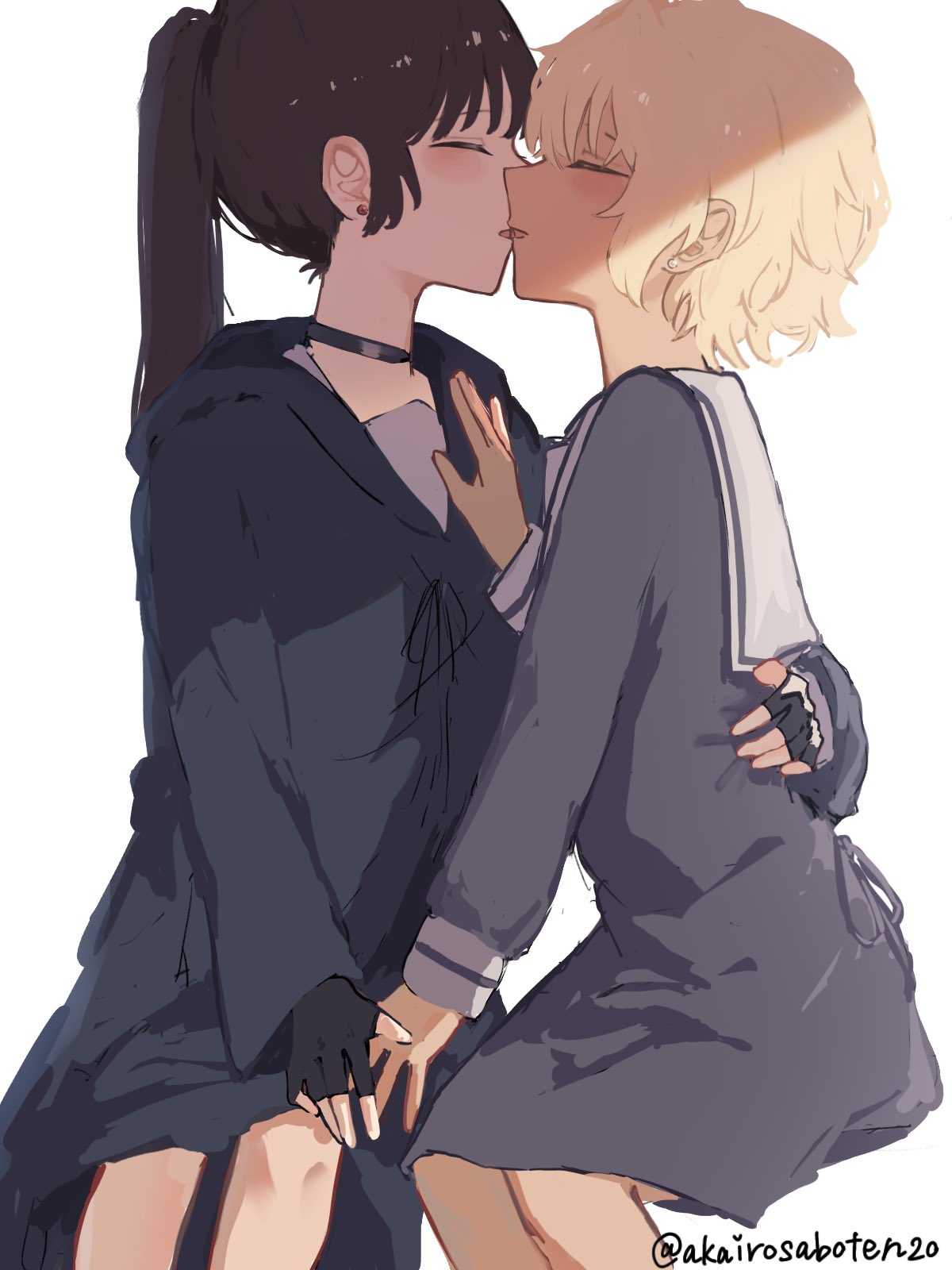 akairosaboten20, lizzy seiran, maud ali, kimi ga shinu made koi wo shitai, highres, 2girls, black choker, black dress, black gloves, blonde hair, brown hair, choker, closed eyes, dark-skinned female, dark skin, dress, earrings, fingerless gloves, gloves, hand on another's chest, hand on another's waist, holding hands, jewelry, kiss, long hair, multiple girls, parted lips, ponytail, short hair, simple background, sitting, stud earrings, twitter username, white background