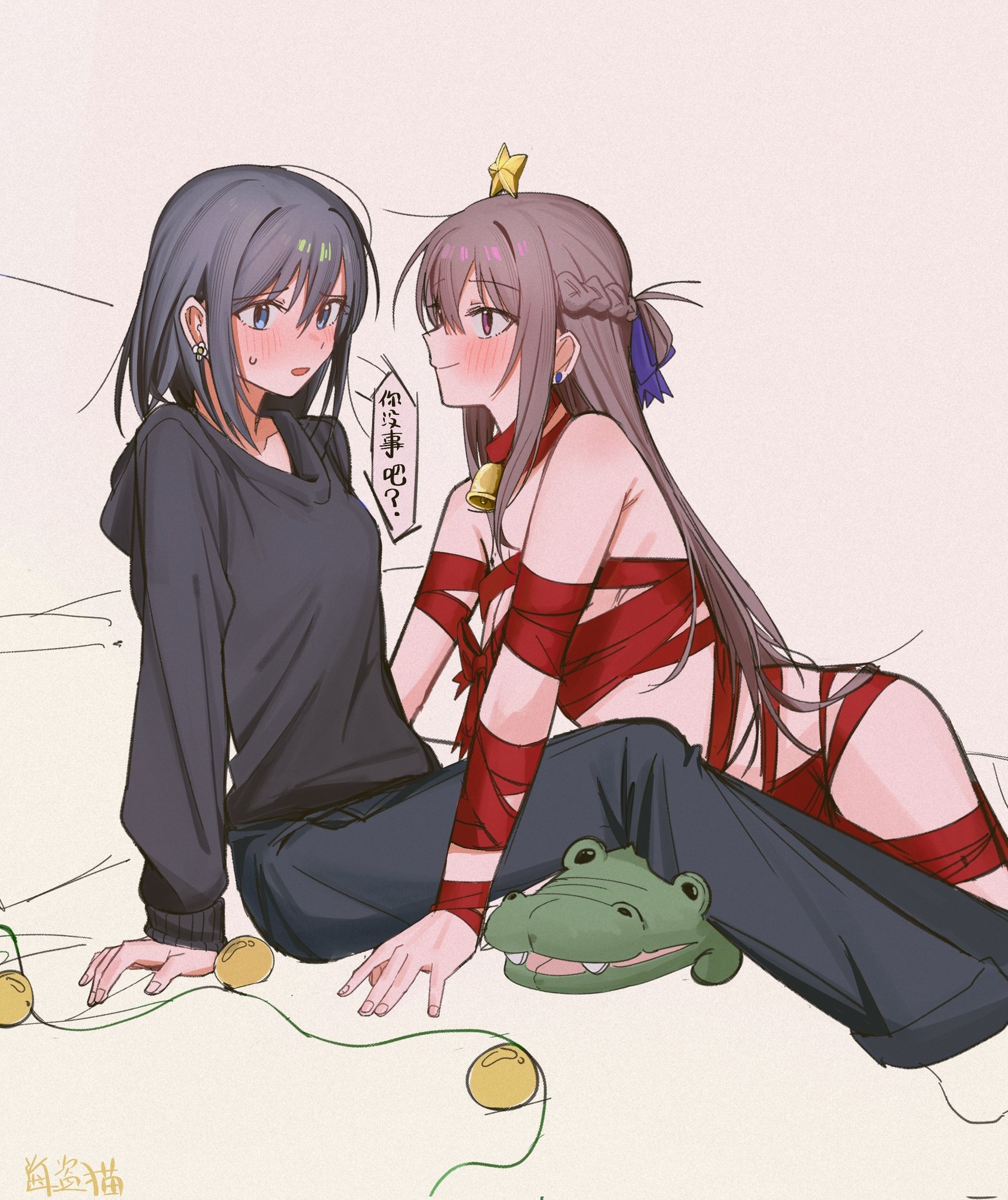 haidao mao, miyagi shiori, sendai hazuki, shuuniichido classmate wo kau hanashi, chinese commentary, commentary request, highres, 2girls, animal ears, bell, black hair, black hoodie, black pants, blue eyes, blush, braid, brown hair, closed mouth, earrings, half up braid, hood, hood down, hoodie, jewelry, long hair, medium hair, multiple girls, naked ribbon, neck bell, pants, purple eyes, red ribbon, ribbon, stud earrings, yuri