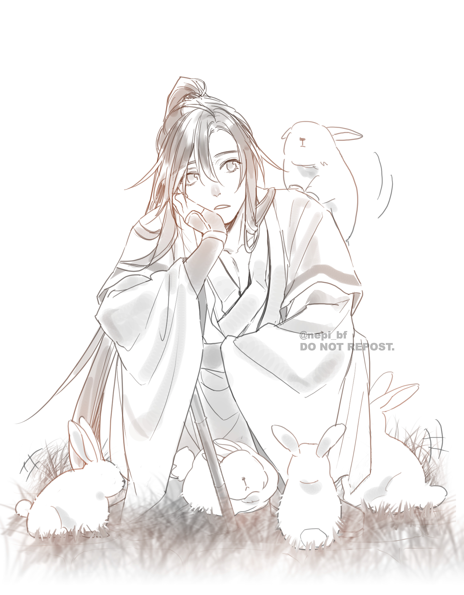 ykmr (haga), wei wuxian, modao zushi, commentary request, highres, 1boy, ahoge, animal, animal on shoulder, chinese clothes, dizi, flute, grass, greyscale, hand on own cheek, hand on own face, hanfu, head rest, holding, holding flute, holding instrument, instrument, long hair, long sleeves, looking at viewer, male focus, monochrome, open mouth, ponytail, rabbit, robe, sidelocks, sitting, sleeves past wrists, solo, transverse flute, twitter username, very long hair, watermark, white background, wide sleeves