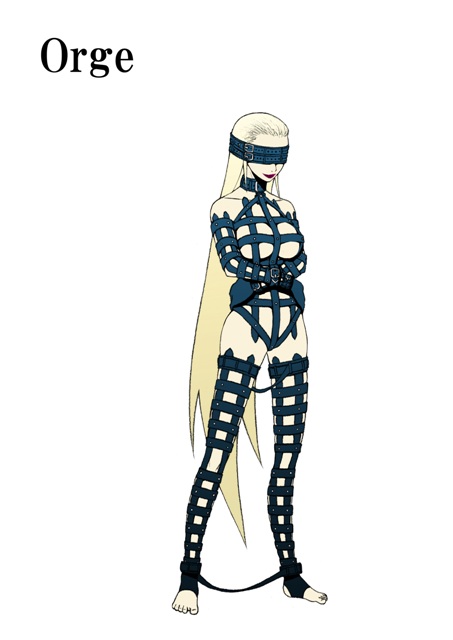 1girl, bdsm, blindfold, blonde hair, bondage, bound, breasts, female focus, large breasts, lipstick, long hair, makeup, nude, orge, simple background, solo, very long hair, white background