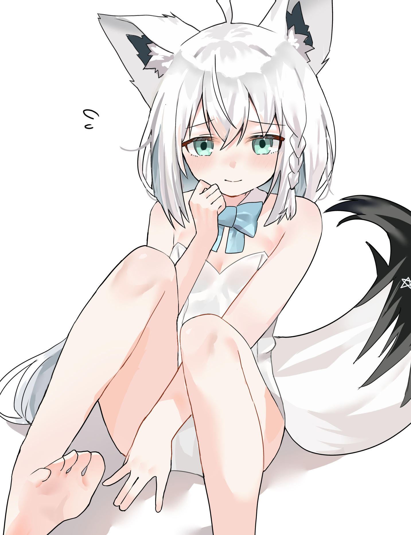 shirakami fubuki, hololive, commentary request, highres, 1girl, ahoge, animal ear fluff, animal ears, arm between legs, bare arms, bare legs, blue bow, blue bowtie, blush, bow, bowtie, braid, breasts, detached collar, flying sweatdrops, fox ears, fox girl, fox tail, green eyes, hair between eyes, leotard, long hair, looking at viewer, pentagram, playboy bunny, ramune kuma, sidelocks, simple background, single braid, sitting, small breasts, smile, solo, tail, virtual youtuber, white background, white hair, white leotard
