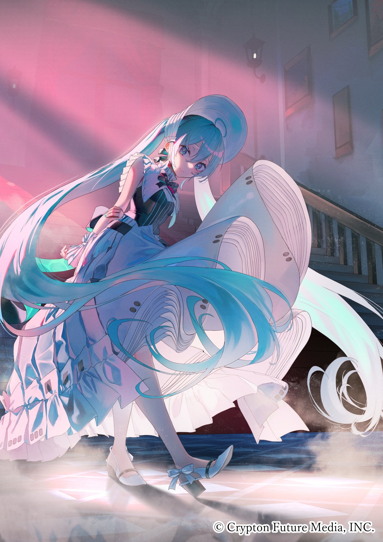 saraki, hatsune miku, miku symphony (vocaloid), vocaloid, commentary request, highres, 1girl, ahoge, aqua eyes, aqua hair, aqua nails, arms behind back, black ribbon, bodice, bow, breasts, collar, dress, fingernails, footwear bow, frilled skirt, frills, full body, headdress, indoors, layered skirt, long hair, long skirt, looking at viewer, medium breasts, multiple views, nail polish, ribbon, skirt, sleeveless, sleeveless dress, slippers, stairs, standing, twintails, very long hair, white bow, white collar, white headdress, white skirt, white slippers, wrist cuffs