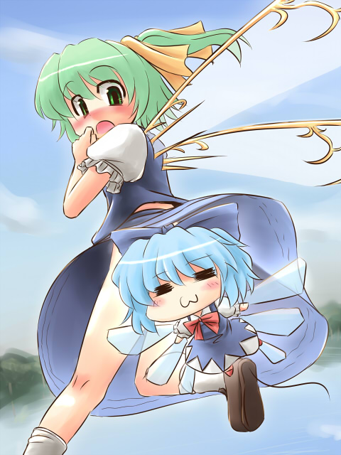 kakkou, cirno, daiyousei, embodiment of scarlet devil, touhou, 2girls, :3, = =, blouse, blue hair, blush, bow, censored, chibi, convenient censoring, dress, green eyes, green hair, hair between eyes, hair bow, hair ribbon, multiple girls, pinafore dress, ribbon, shirt, short hair, side ponytail, sleeveless dress, socks, white shirt, wings