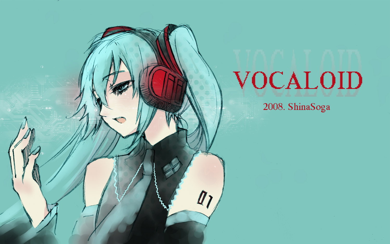 soga shiina, hatsune miku, vocaloid, 1girl, alternate color, aqua hair, blue nails, detached sleeves, female focus, green eyes, headphones, nail polish, necktie, portrait, signature, solo, twintails