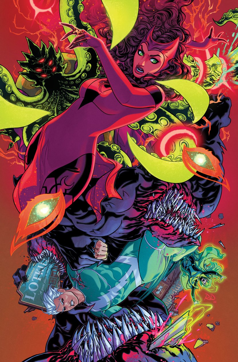russell dauterman, pietro maximoff, polaris (x-men), quicksilver (marvel), scarlet witch, wanda maximoff, avengers (series), marvel, x-men, comic cover, commentary, english commentary, highres, official art, 1boy, 2girls, black bodysuit, black leggings, blood, bodysuit, boots, brother and sister, brown hair, cape, covered abs, covered pectorals, curly hair, dress, eldritch abomination, floating hair, gloves, glowing, glowing eyes, gradient background, green bodysuit, green cape, green eyes, green hair, initial, leggings, long hair, looking to the side, lorna dane, magic, multicolored bodysuit, multiple girls, muscular, muscular male, official alternate costume, open mouth, orange background, pectorals, pentagram, red background, red boots, red dress, red lips, sharp teeth, short hair, siblings, sisters, superhero costume, teeth, tentacles, thigh boots, torn bodysuit, torn clothes, white hair, witch