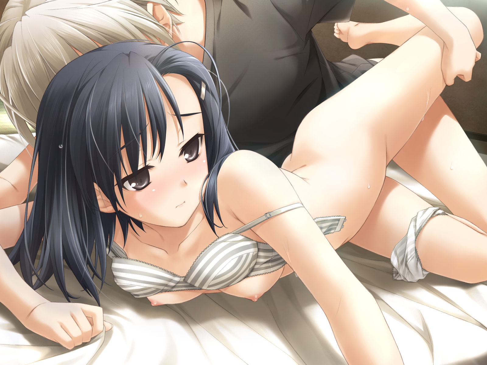 hashimoto takashi, kasugano haruka, kuranaga kozue, haruka na sora, yosuga no sora, game cg, highres, 1boy, 1girl, barefoot, black hair, bottomless, bra, bra lift, breasts, brown eyes, clothes lift, hair ornament, hairclip, hetero, leg grab, lingerie, nervous, nipples, panties, panties around leg, sex, small breasts, striped bra, striped clothes, striped panties, sweat, underwear, underwear only, vaginal