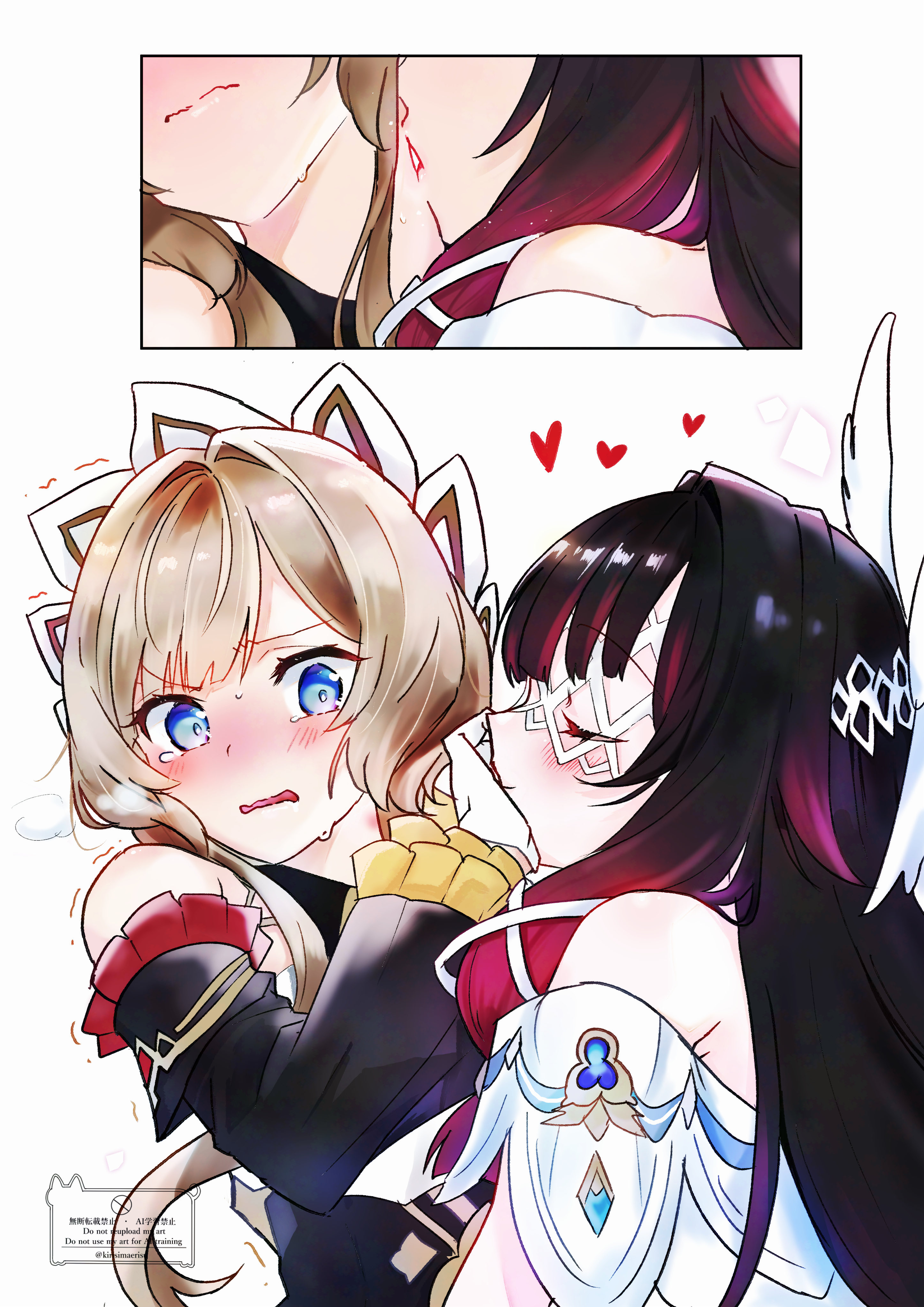 kirisimaerisu, columbina (genshin impact), sandrone (genshin impact), genshin impact, absurdres, commentary request, highres, 2girls, bare shoulders, black dress, black hair, blue eyes, blush, brown hair, closed eyes, closed mouth, detached sleeves, dress, gloves, heart, kiss, kissing neck, multiple girls, off-shoulder dress, off shoulder, purple streaks, smile, sweat, trembling, white dress, white gloves, yuri