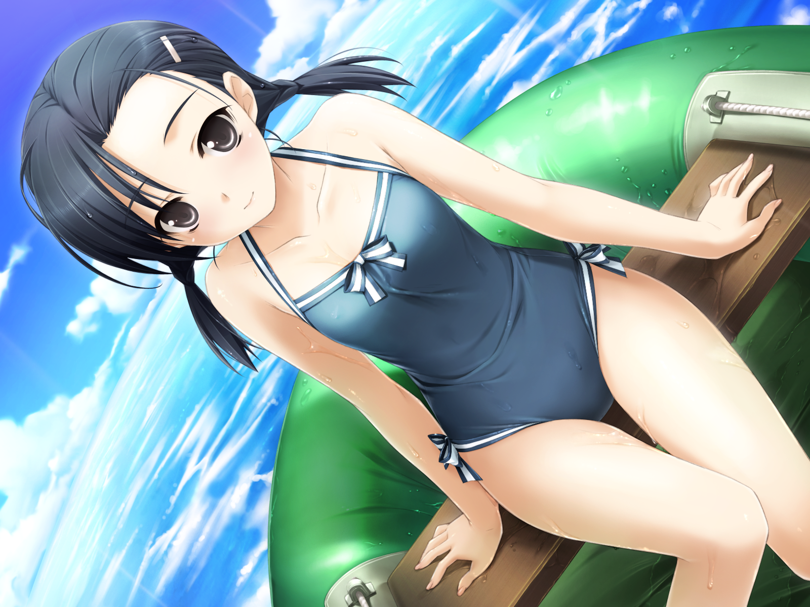hashimoto takashi, kuranaga kozue, haruka na sora, yosuga no sora, game cg, highres, 1girl, black eyes, black hair, boat, cloud, collarbone, day, dutch angle, female focus, fisheye, flat chest, hair ornament, hairclip, hip focus, ocean, one-piece swimsuit, outdoors, sky, solo, swimsuit, thigh gap, twintails, watercraft, wet
