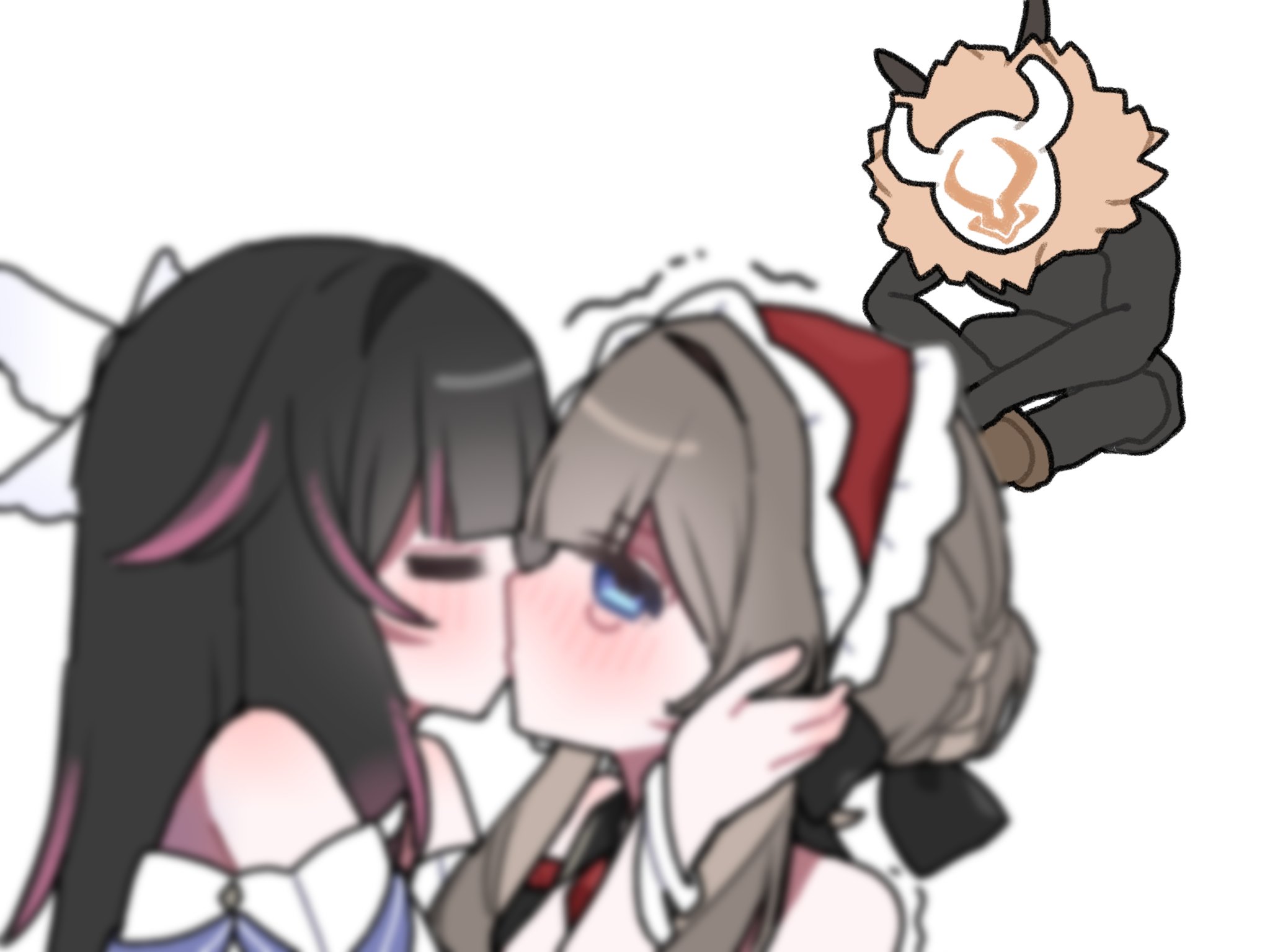 columbina (genshin impact), hilichurl (genshin impact), sandrone (genshin impact), genshin impact, highres, 1other, 22 rink, 2girls, bare shoulders, black hair, blue eyes, blush, closed eyes, dress, grey hair, kiss, maid headdress, multiple girls, off-shoulder dress, off shoulder, purple streaks, simple background, tears, trembling, white background, yuri