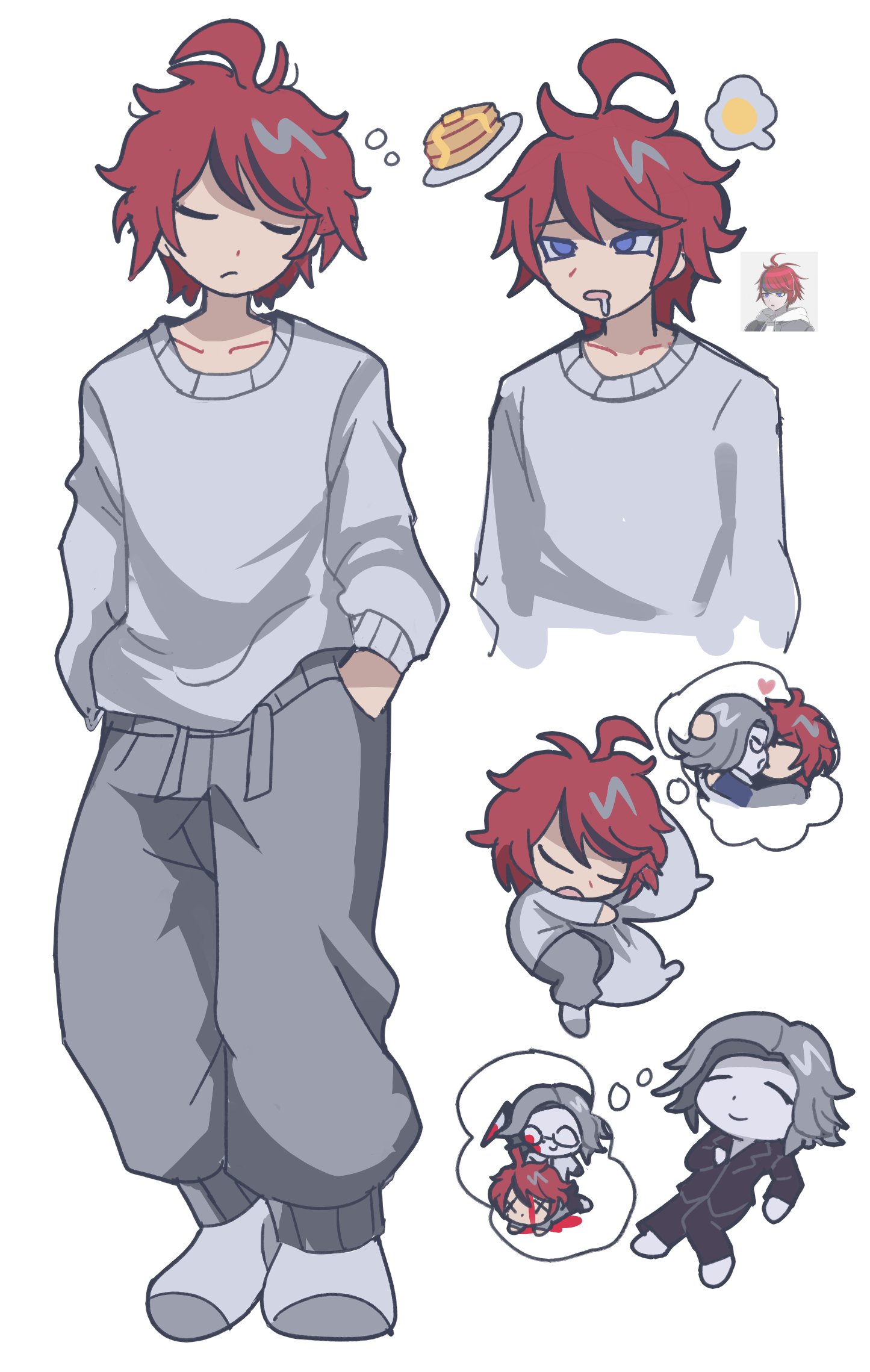 aotsuki eito, sumino takumi, the hundred line -last defense academy-, commentary, english commentary, highres, spoilers, 2boys, ahoge, black pajamas, black streaks, blood, bloody knife, blue eyes, catp0sse, chibi, chibi inset, dreaming, drooling, food, grey hair, holding, holding knife, hugging object, image in thought bubble, kiss, knife, male focus, multicolored hair, multiple boys, multiple views, murder, no pupils, pajamas, pancake, pancake stack, pants, red hair, reference inset, short hair, socks, speech bubble, streaked hair, sweatpants, thought bubble, two-tone hair, white pajamas, white socks, x x, yaoi