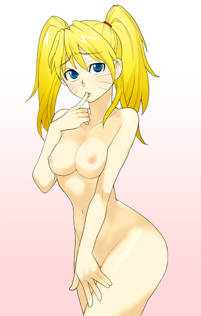saitou yahu, naruko (naruto), uzumaki naruto, naruto (classic), naruto (series), bad id, bad pixiv id, 1girl, blonde hair, blue eyes, breasts, censored, cleavage, collarbone, completely nude, convenient censoring, facial mark, facing viewer, female focus, finger in own mouth, genderswap, genderswap (mtf), gradient background, hair tie, hand up, index finger raised, long hair, looking at viewer, navel, nipples, nude, obstructed view, open mouth, pink background, sexy no jutsu, simple background, small breasts, solo, standing, twintails, whisker markings, whiskers, white background