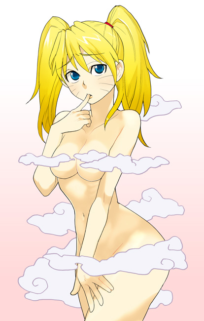 saitou yahu, naruko (naruto), uzumaki naruto, naruto (classic), naruto (series), bad id, bad pixiv id, 1girl, blonde hair, blue eyes, breasts, censored, cleavage, cloud, collarbone, completely nude, convenient censoring, facial mark, facing viewer, female focus, finger in own mouth, genderswap, genderswap (mtf), gradient background, hair tie, hand up, index finger raised, long hair, looking at viewer, navel, nude, obstructed view, open mouth, pink background, sexy no jutsu, simple background, small breasts, smoke, smoke censor, solo, standing, twintails, whisker markings, whiskers, white background