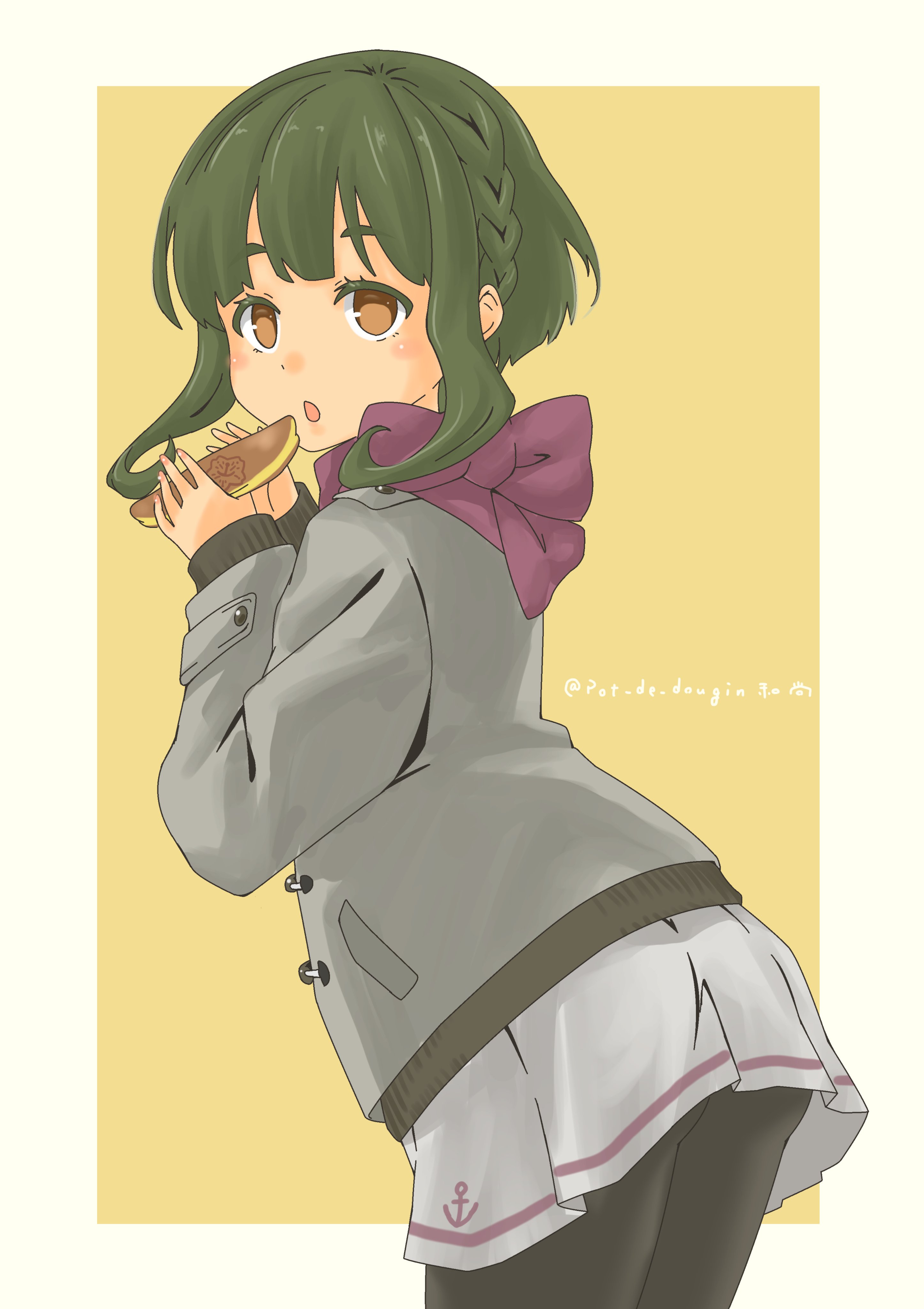 pot-de, takanami (kancolle), kantai collection, absurdres, commentary request, highres, 1girl, alternate costume, black pantyhose, braid, brown eyes, cowboy shot, food, from behind, green hair, grey jacket, grey skirt, jacket, looking at viewer, orange background, pantyhose, pleated skirt, purple scarf, scarf, short hair, short hair with long locks, side braid, skirt, solo, thick eyebrows