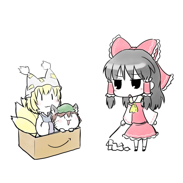 rif, chen, hakurei reimu, yakumo ran, amazon (company), touhou, bad id, bad pixiv id, 3girls, :3, animal ears, animal hat, black hair, blonde hair, blush, box, brown hair, cardboard box, cat ears, cat girl, chestnut mouth, chibi, detached sleeves, female focus, for adoption, gohei, hat, holding, in box, in container, long sleeves, mob cap, multiple girls, multiple tails, oonusa, shoes, short hair, socks, tail, take me home, tassel, white background, wide sleeves, | |
