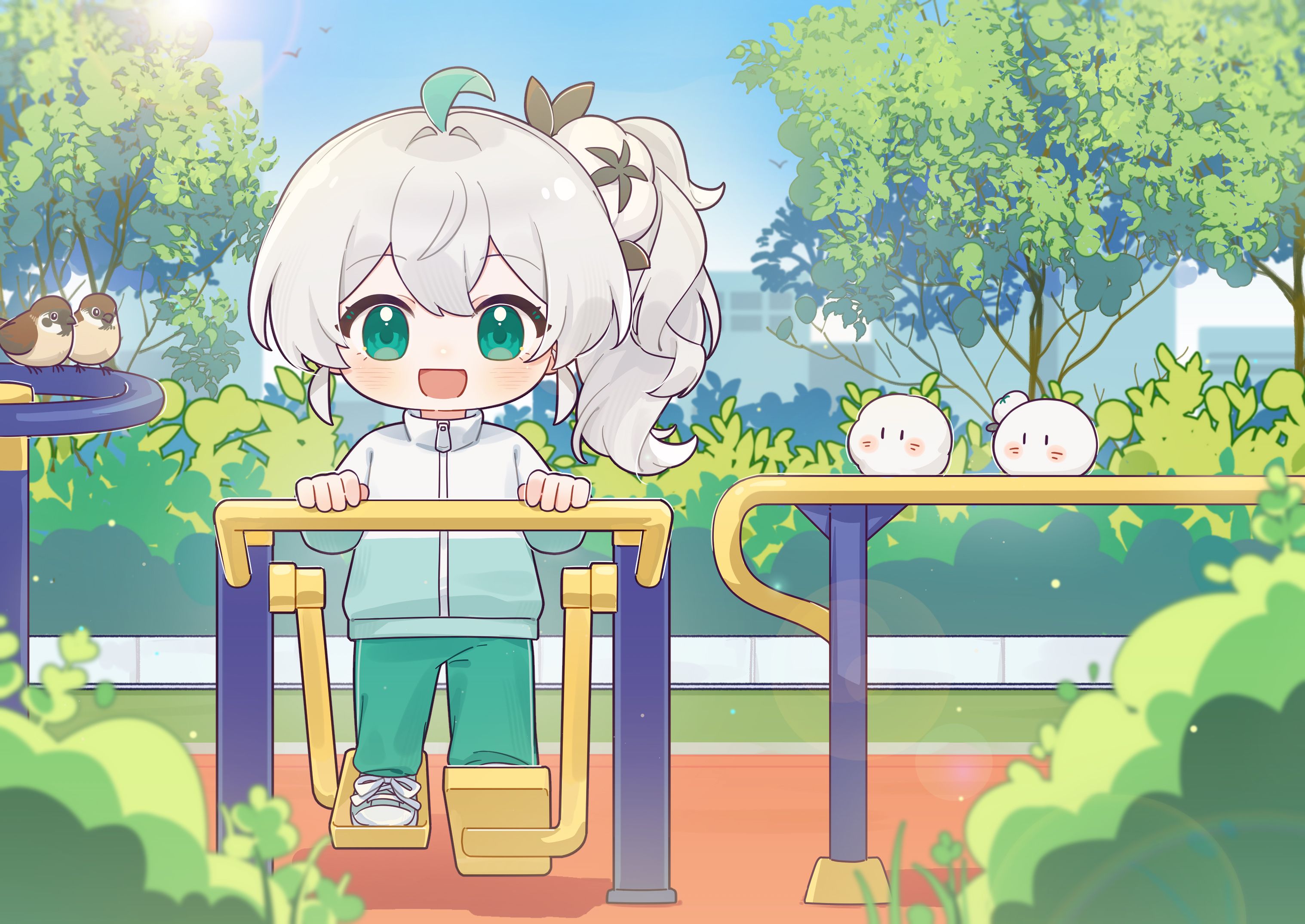 wenxiaomian family, commentary request, highres, 1girl, :d, ahoge, alternate costume, bird, bush, chibi, day, eurasian tree sparrow, fence, full body, green eyes, green hair, green pants, hair between eyes, hair ornament, jacket, long hair, long sleeves, looking at viewer, open mouth, outdoors, pants, plant, quanmian shidai, railing, shoes, side ponytail, sky, smile, sneakers, solo, sparrow, track jacket, track pants, track suit, tree, wen xiaomian, white hair