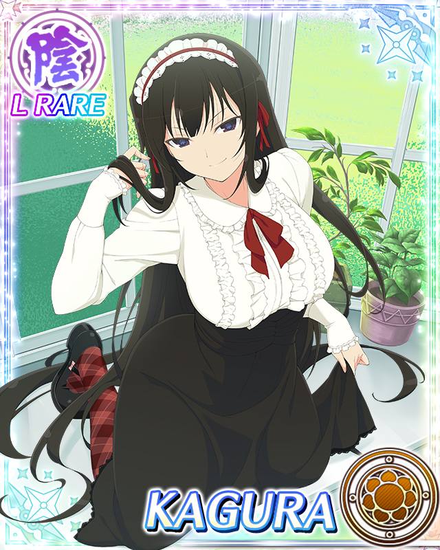 kagura (senran kagura), senran kagura, senran kagura new wave, game cg, official art, third-party source, 1girl, adjusting hair, arm up, black eyes, black hair, black shoes, black skirt, blue pupils, border, breasts, card (medium), character name, closed mouth, clothes lift, day, flower-shaped pupils, frilled shirt, frills, kneeling, large breasts, lifting own clothes, long hair, long skirt, looking at viewer, plaid clothes, plaid thighhighs, red thighhighs, shirt, shoes, skirt, skirt lift, smile, solo, symbol-shaped pupils, thighhighs, very long hair, white headdress, white shirt, window