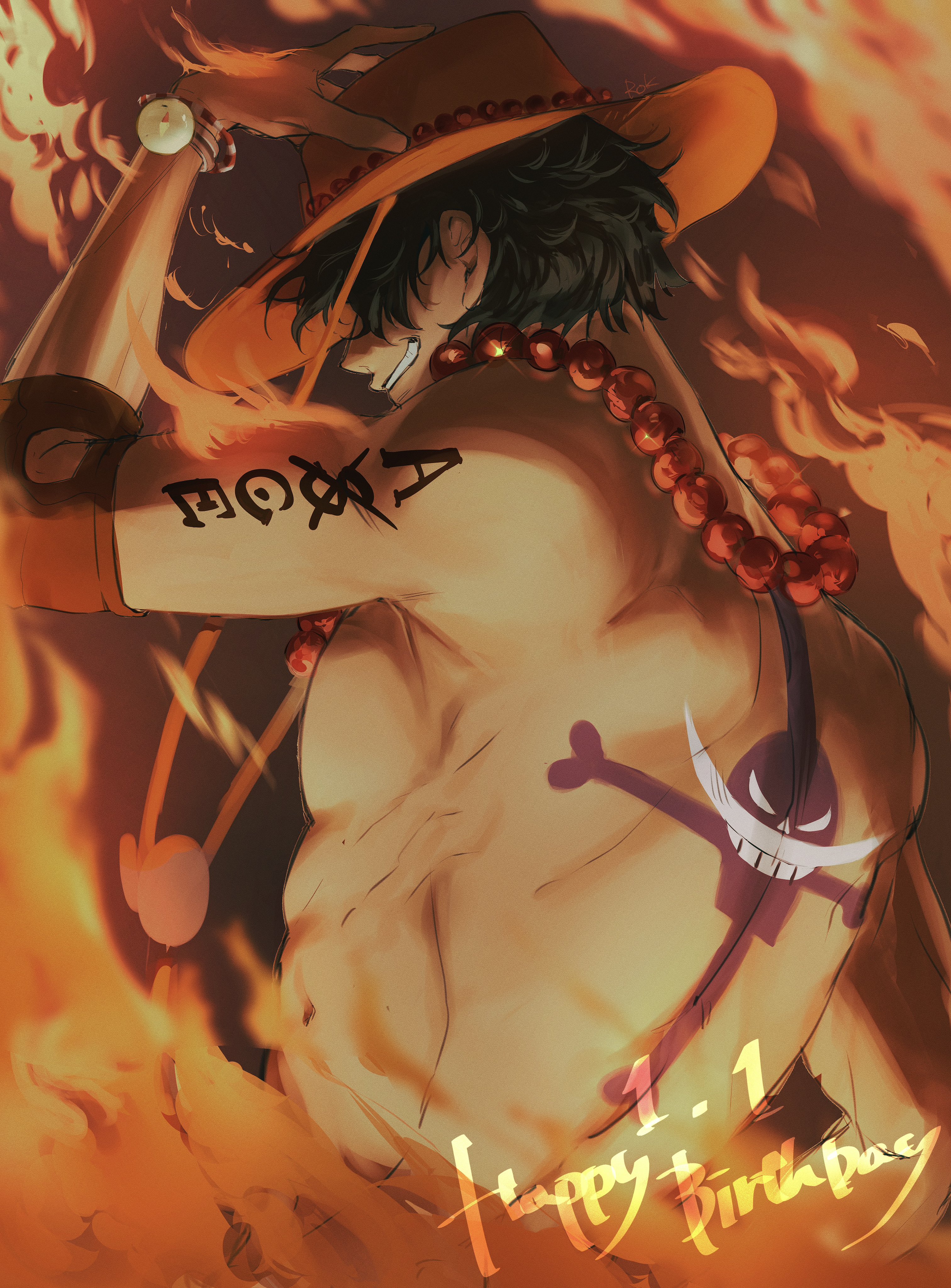 rokurnshu003, portgas d. ace, one piece, absurdres, hashtag-only commentary, highres, 1boy, arm tattoo, back, back tattoo, black hair, bracelet, dated, elbow pads, fire, hand on headwear, happy birthday, hat, jewelry, log pose, male focus, necklace, orange hat, pearl necklace, short hair, single elbow pad, smile, solo, tattoo, topless male