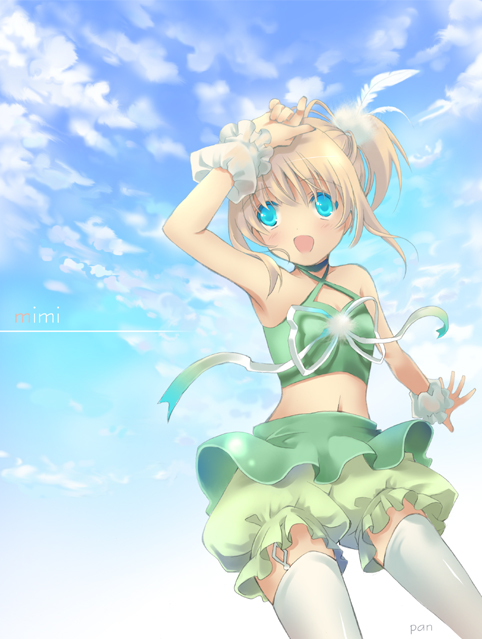 pan (mimi), aqua eyes, blonde hair, bloomers, day, feather hair ornament, feathers, hair ornament, halterneck, midriff, outdoors, ribbon, side ponytail, solo, thighhighs, underwear, white thighhighs