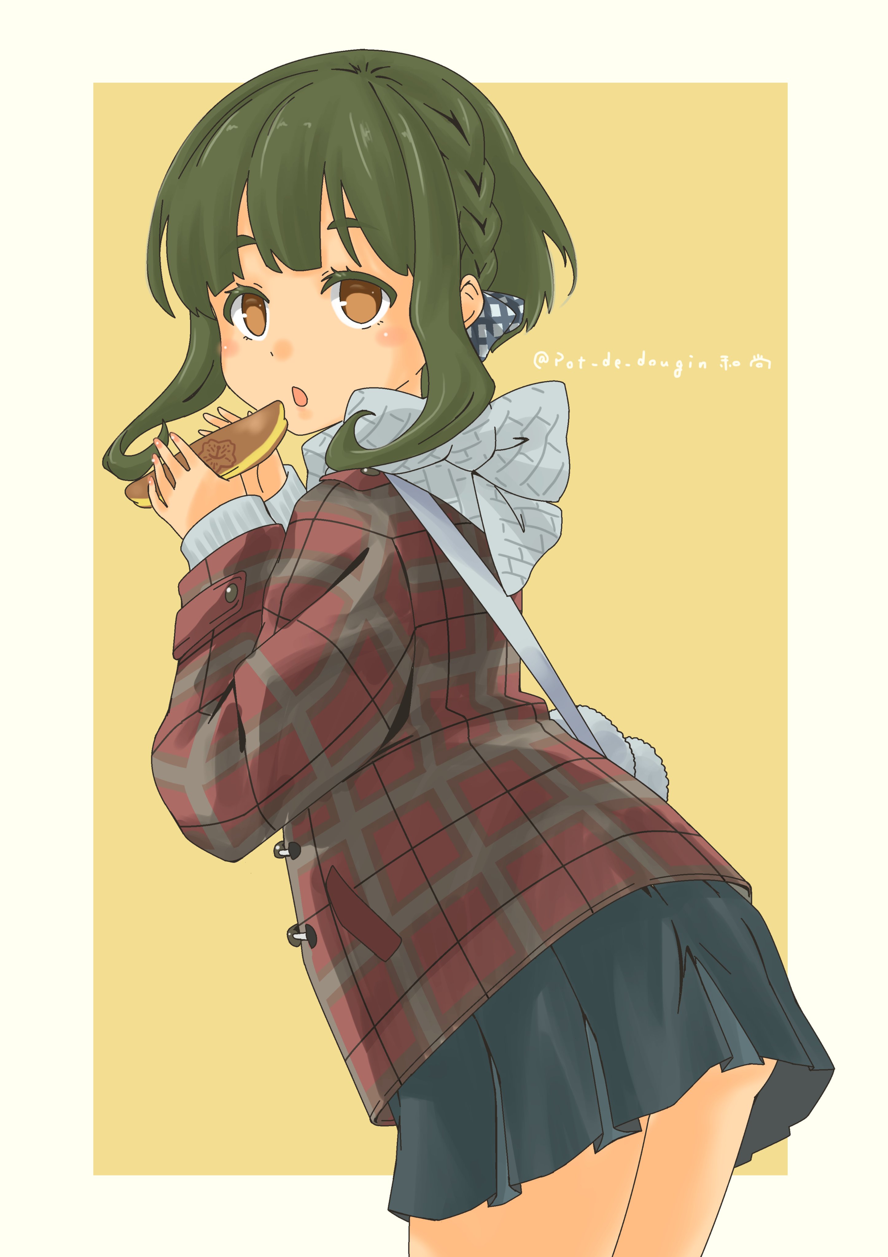 pot-de, takanami (kancolle), kantai collection, absurdres, commentary request, highres, 1girl, black skirt, braid, brown eyes, cowboy shot, food, from behind, green hair, jacket, looking at viewer, official alternate costume, orange background, plaid clothes, plaid jacket, pleated skirt, red jacket, scarf, short hair, short hair with long locks, side braid, skirt, solo, thick eyebrows, white scarf