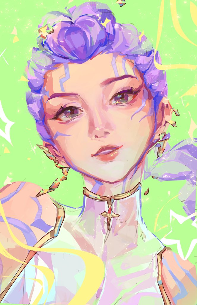 rumi (kpop demon hunters), kpop demon hunters, commentary, english commentary, 1girl, bare shoulders, body markings, braid, braided ponytail, brown eyes, earrings, eyeliner, eyeshadow, green background, jeunny, jewelry, makeup, mascara, purple hair, simple background, sleeveless, solo, sparkle, turtleneck