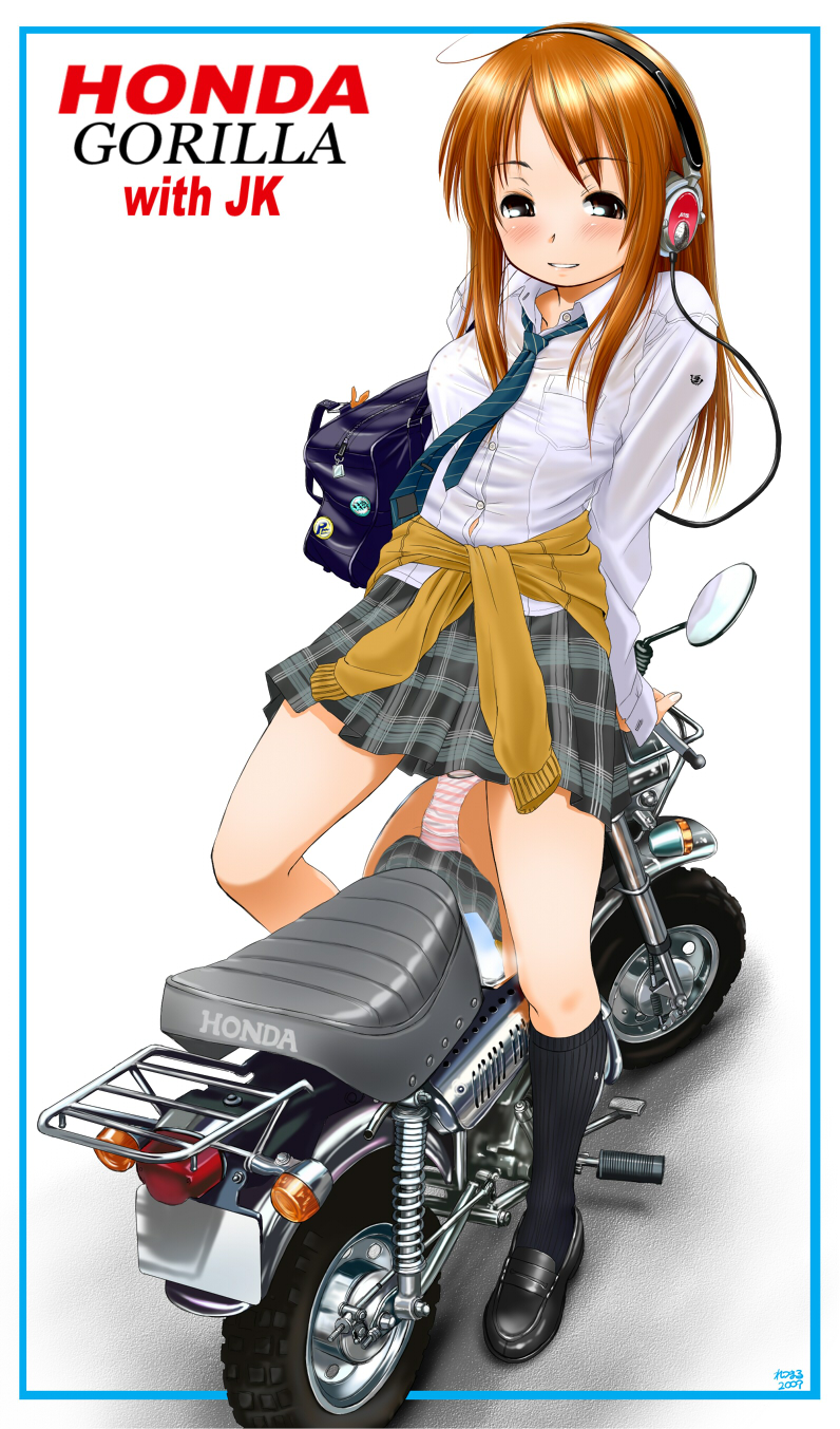 retsumaru, original, vehicle, bad id, bad pixiv id, highres, brown eyes, brown hair, headphones, honda gorilla, legs, long hair, minibike, motor vehicle, motorcycle, panties, pantyshot, reflection, school uniform, skirt, socks, solo, striped clothes, striped panties, underwear, upskirt