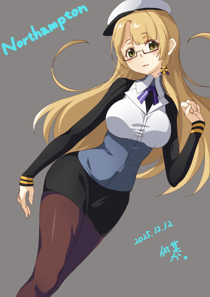 kochipu, northampton (kancolle), northampton kai (kancolle), kantai collection, commentary request, 1girl, artist name, black skirt, blonde hair, brown pantyhose, character name, dated, feet out of frame, glasses, green eyes, grey background, hat, long hair, military uniform, one-hour drawing challenge, pantyhose, peaked cap, pencil skirt, shirt, simple background, skirt, solo, white hat, white shirt