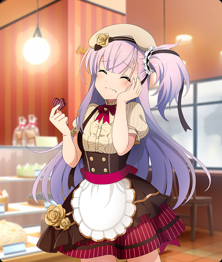 tsubakuro yume, toji no miko, toji no miko: kizamishi issen no tomoshibi, game cg, official art, third-party source, 1girl, aqua nails, beret, black garter, black ribbon, blurry, blurry background, blush, breasts, brown corset, brown dress, brown hat, brown skirt, cake, candy, ceiling light, chair, chocolate, chocolate heart, chocolate on face, closed eyes, closed mouth, corset, cowboy shot, display case, dress, flower, food, food on face, frilled garter, gift bag, hair ribbon, hand on own cheek, hand on own face, hat, hat flower, heart, heart-shaped food, holding, holding chocolate, holding food, indoors, layered skirt, long hair, pinstripe dress, pinstripe pattern, pinstripe skirt, purple hair, red ribbon, red skirt, ribbon, rose, shop, short side ponytail, short sleeves, skirt, small breasts, smile, solo, striped clothes, striped skirt, tile floor, tiles, underbust, valentine, vertical-striped clothes, vertical-striped skirt, waist ribbon, wallpaper (object), yellow flower, yellow rose