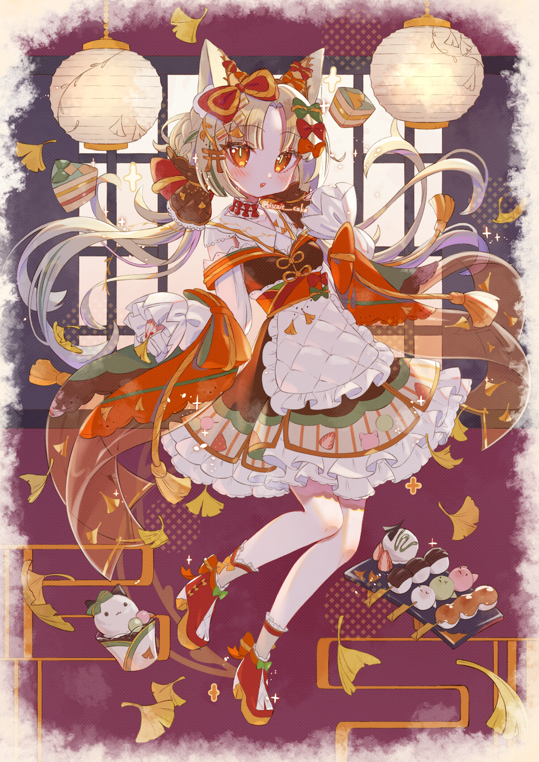 tsukumi bis, original, commentary, highres, symbol-only commentary, 1girl, animal ear fluff, animal ears, apron, blonde hair, blunt bangs, blush, bow, bright pupils, cat ears, cat girl, dango, dress, food, frilled dress, frills, full body, hair bow, lantern, long hair, long sleeves, looking at viewer, open mouth, orange eyes, parted bangs, red shoes, shoes, solo, wagashi, white apron, white pupils