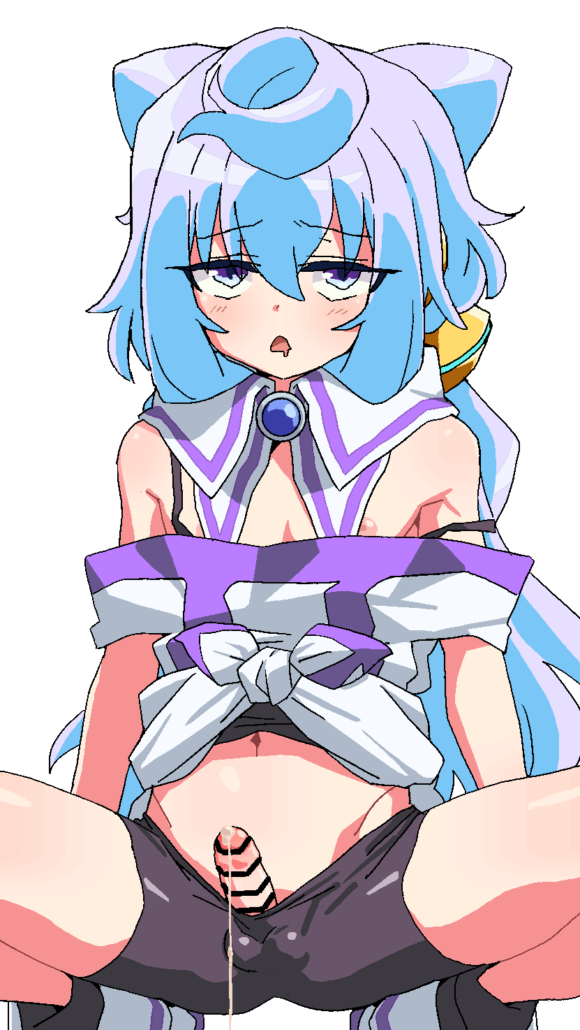 tamaya, hacka doll 3, hacka doll, animated, animated gif, commentary request, highres, 1boy, bar censor, bike shorts, black shorts, blue eyes, censored, clothes pull, cum, ejaculation, erection, long hair, male focus, navel, nipples, open mouth, penis, purple hair, shorts, shorts pull, simple background, solo, squatting, trap, white background