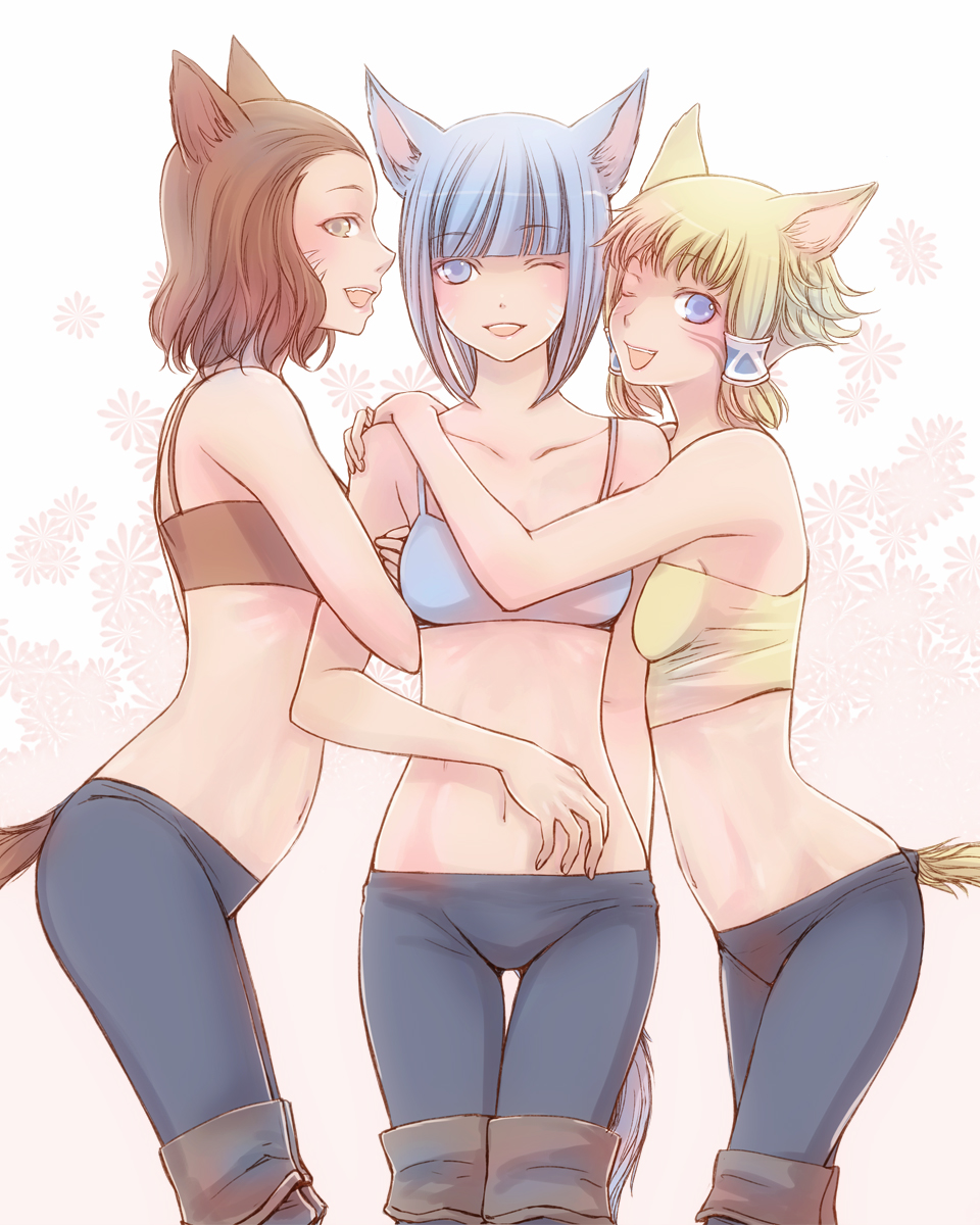 takatsuki kahiro, warrior of light (ff14), final fantasy, final fantasy xi, final fantasy xiv, highres, 00s, 10s, 3girls, animal ears, blonde hair, blue eyes, blue hair, brown eyes, brown hair, cat ears, cat girl, cat tail, facial mark, grey eyes, grey hair, midriff, miqo'te, multiple girls, navel, smile, tail