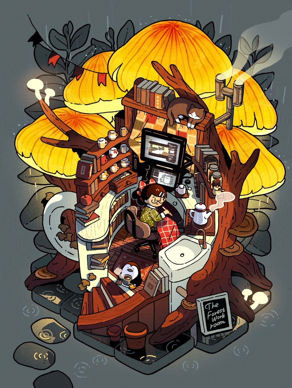 canalbooks1125, original, 1girl, bookshelf, cat, monitor, mushroom, night, rain, sitting, teapot