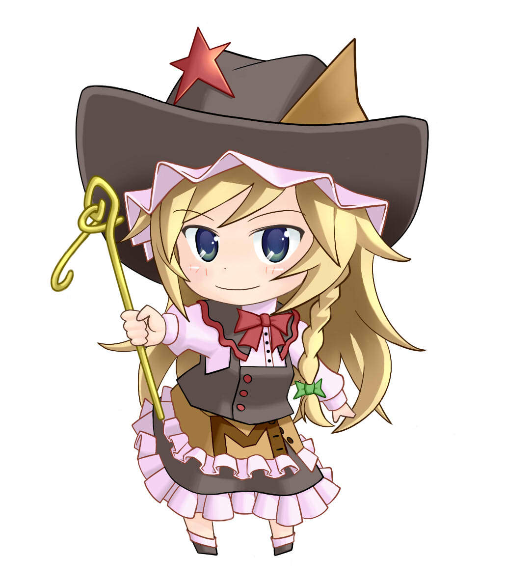 azuma takeshi, azuma takeshi (andon kandelaar), kirisame marisa, touhou, undefined fantastic object, 1girl, blonde hair, blue eyes, bow, braid, cowboy hat, cowboy western, female focus, full body, hair bow, hat, long hair, solo, standing, star (symbol)