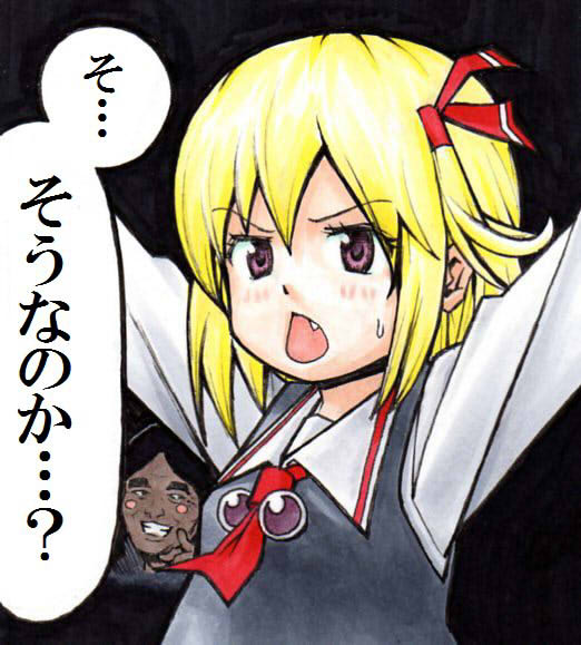 azuma takeshi, azuma takeshi (andon kandelaar), matsuzaki shigeru, rumia, embodiment of scarlet devil, touhou, marker (medium), traditional media, translation request, 1girl, blonde hair, blush stickers, fang, female focus, grin, hair ribbon, is that so, open mouth, red eyes, ribbon, short hair, smile