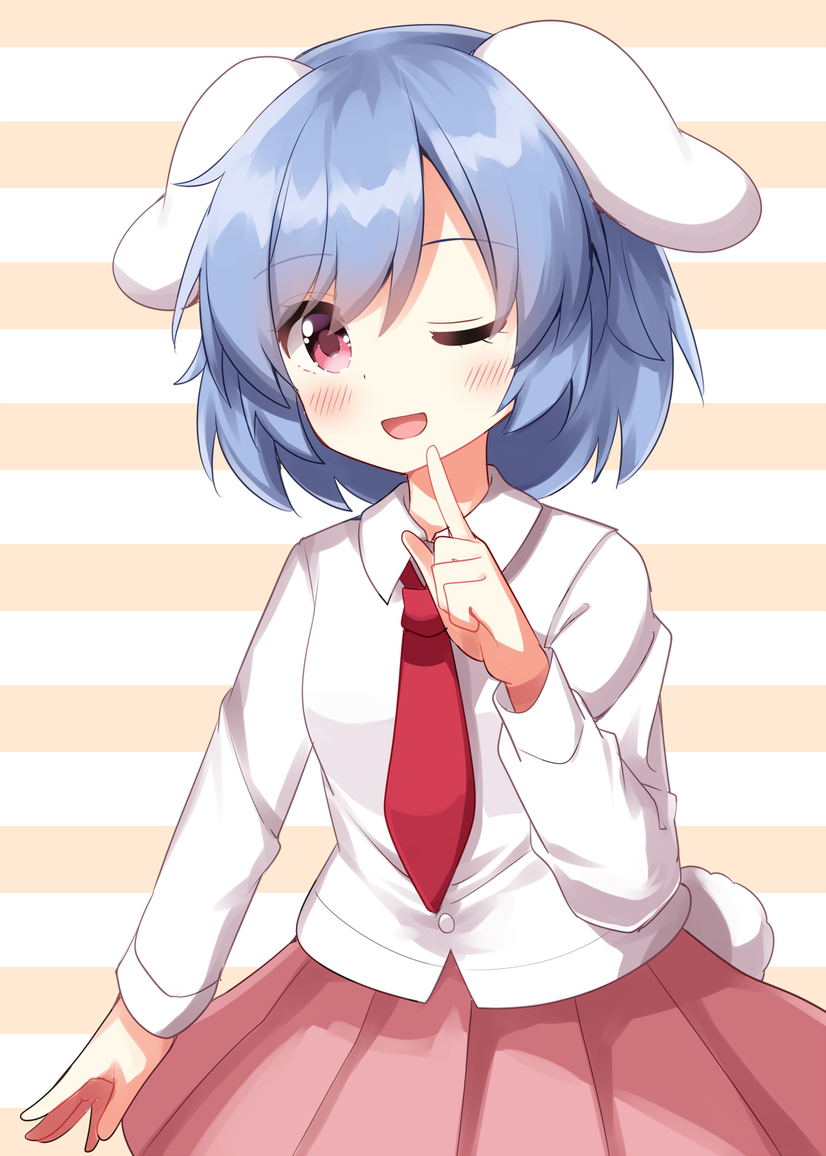 ruu (tksymkw), reisen (touhou bougetsushou), touhou, commentary request, highres, 1girl, ;d, animal ears, blue hair, blush, collared shirt, cowboy shot, floppy ears, hand up, long sleeves, necktie, one eye closed, open mouth, pink skirt, pleated skirt, rabbit ears, red eyes, red necktie, shirt, short hair, skirt, smile, solo, striped background, two-tone background, white background, white shirt, yellow background