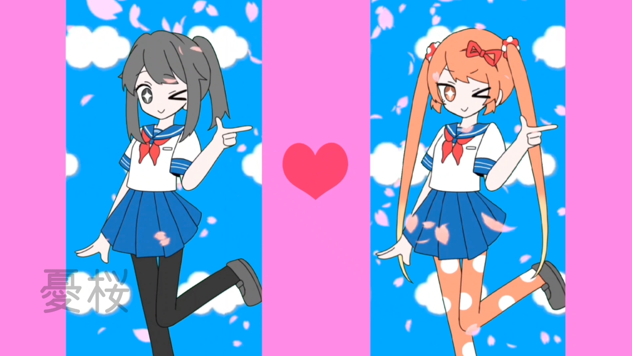 yuu sakura urara, ayano aishi, osana najimi (yandere simulator), mesmerizer (vocaloid), yandere simulator, commentary request, translation request, 2girls, black hair, long hair, looking at viewer, multiple girls, open mouth, orange eyes, orange hair, parody, ponytail, school uniform, serafuku, shirt, skirt, smile