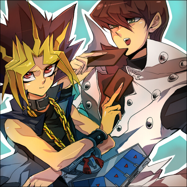 akishima kei, kaiba seto, muto yugi, yami yugi, yu-gi-oh!, yu-gi-oh! duel monsters, bad id, bad pixiv id, 2boys, card, coat, collar, colored bangs, duel disk, holding, holding card, leather, male focus, multiple boys, wristband, yu-gi-oh (card)