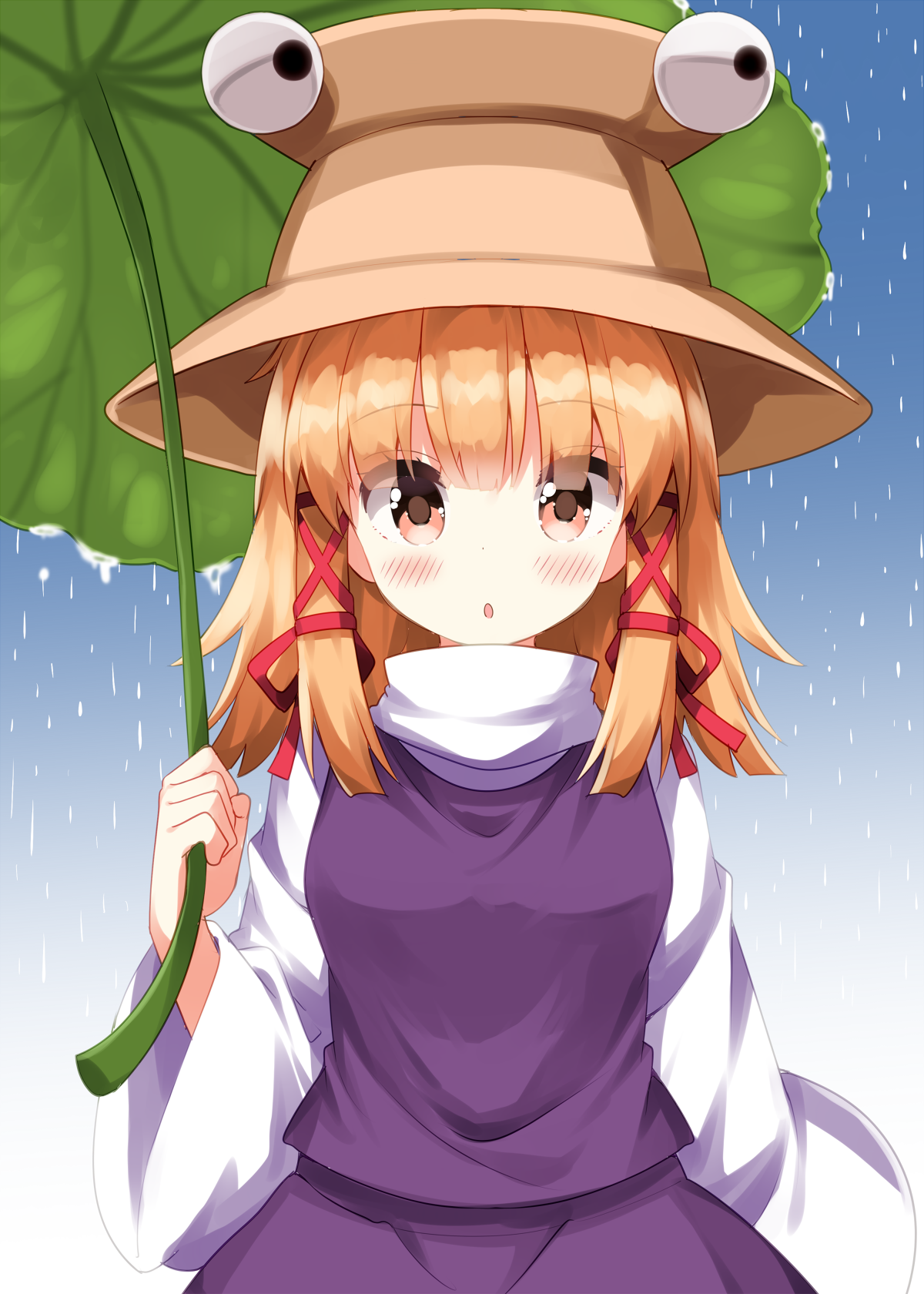 ruu (tksymkw), moriya suwako, touhou, commentary request, highres, 1girl, :o, blonde hair, blue background, blush, brown hat, gradient background, hair ribbon, hat, holding, holding leaf, leaf, long sleeves, looking at viewer, open mouth, orange eyes, purple skirt, purple vest, rain, red ribbon, ribbon, shirt, short hair, sidelocks, skirt, skirt set, solo, turtleneck, turtleneck shirt, upper body, vest, white shirt, wide sleeves