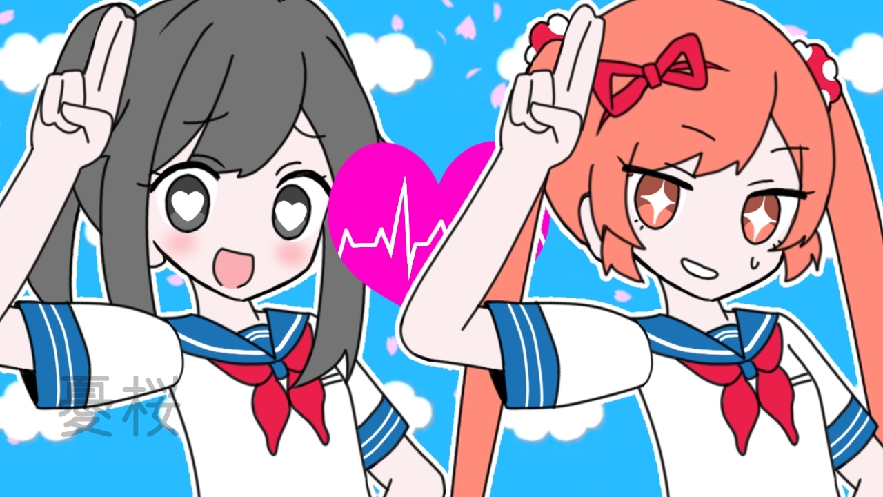 yuu sakura urara, ayano aishi, osana najimi (yandere simulator), mesmerizer (vocaloid), yandere simulator, commentary request, translation request, 2girls, black hair, long hair, looking at viewer, multiple girls, open mouth, orange eyes, orange hair, parody, ponytail, school uniform, serafuku, shirt, skirt, smile