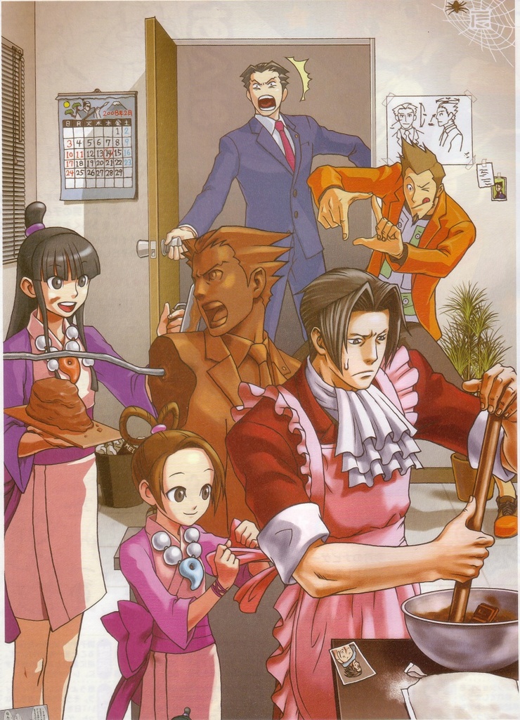 iwamoto tatsurou, larry butz, maya fey, miles edgeworth, pearl fey, phoenix wright, ace attorney, capcom, phoenix wright: ace attorney, phoenix wright: ace attorney – justice for all, official art, photo (medium), 2girls, 3boys, ^^^, apron, arm up, ascot, badge, beads, black eyes, black hair, blunt bangs, bowl, bracelet, brown hair, bucket, bug, business suit, calendar (object), child, chocolate, chocolate making, chocolate on face, cousins, finger frame, fingernails, food, food on face, formal clothes, frills, hair beads, hair intakes, hair ornament, hair rings, half updo, happy, jacket, japanese clothes, jewelry, kimono, long hair, looking down, magatama, multiple boys, multiple girls, necklace, necktie, open clothes, open jacket, open mouth, opening door, pants, plant, potted plant, ribbon, sash, sculpture, short kimono, silk, sleeves rolled up, smile, sphere hair ornament, spider, spider web, suit, surprised, sweat, table, teeth, tongue, tongue out, topknot, topless male, towel, tying, valentine, wide-eyed, window blinds