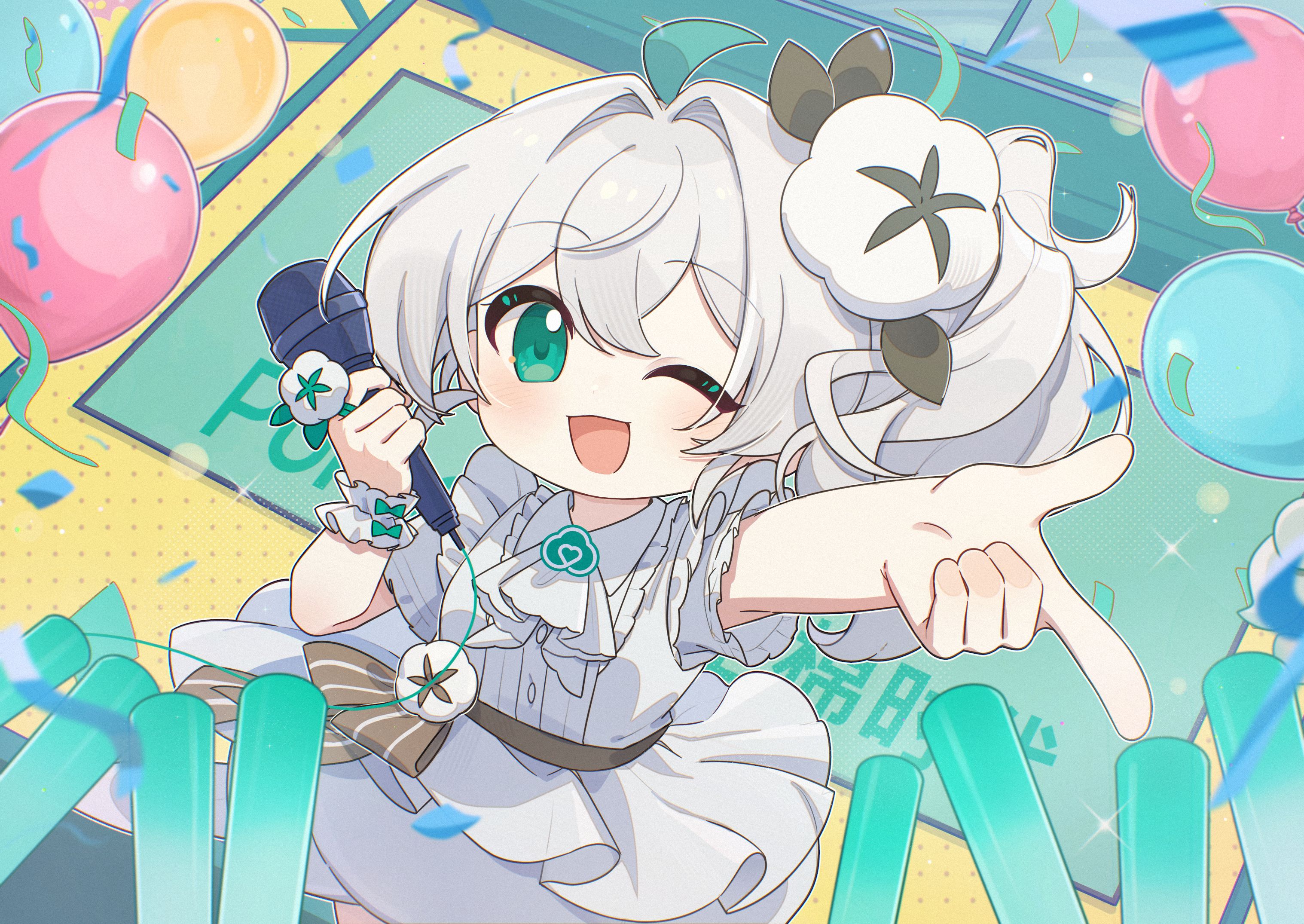 wenxiaomian family, commentary request, highres, 1girl, ahoge, balloon, chibi, confetti, dress, flower, green eyes, green hair, hair flower, hair ornament, holding, holding microphone, long hair, looking at viewer, microphone, one eye closed, open mouth, pointing, quanmian shidai, short sleeves, side ponytail, smile, solo, wen xiaomian, white dress, white hair