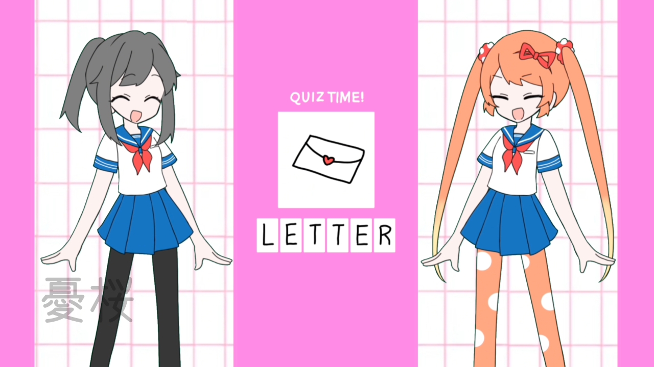 yuu sakura urara, ayano aishi, osana najimi (yandere simulator), mesmerizer (vocaloid), yandere simulator, commentary request, translation request, 2girls, black hair, long hair, looking at viewer, multiple girls, open mouth, orange eyes, orange hair, parody, ponytail, school uniform, serafuku, shirt, skirt, smile