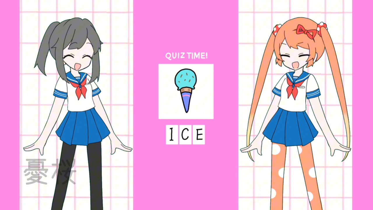 yuu sakura urara, ayano aishi, osana najimi (yandere simulator), mesmerizer (vocaloid), yandere simulator, commentary request, translation request, 2girls, black hair, long hair, looking at viewer, multiple girls, open mouth, orange eyes, orange hair, parody, ponytail, school uniform, serafuku, shirt, skirt, smile