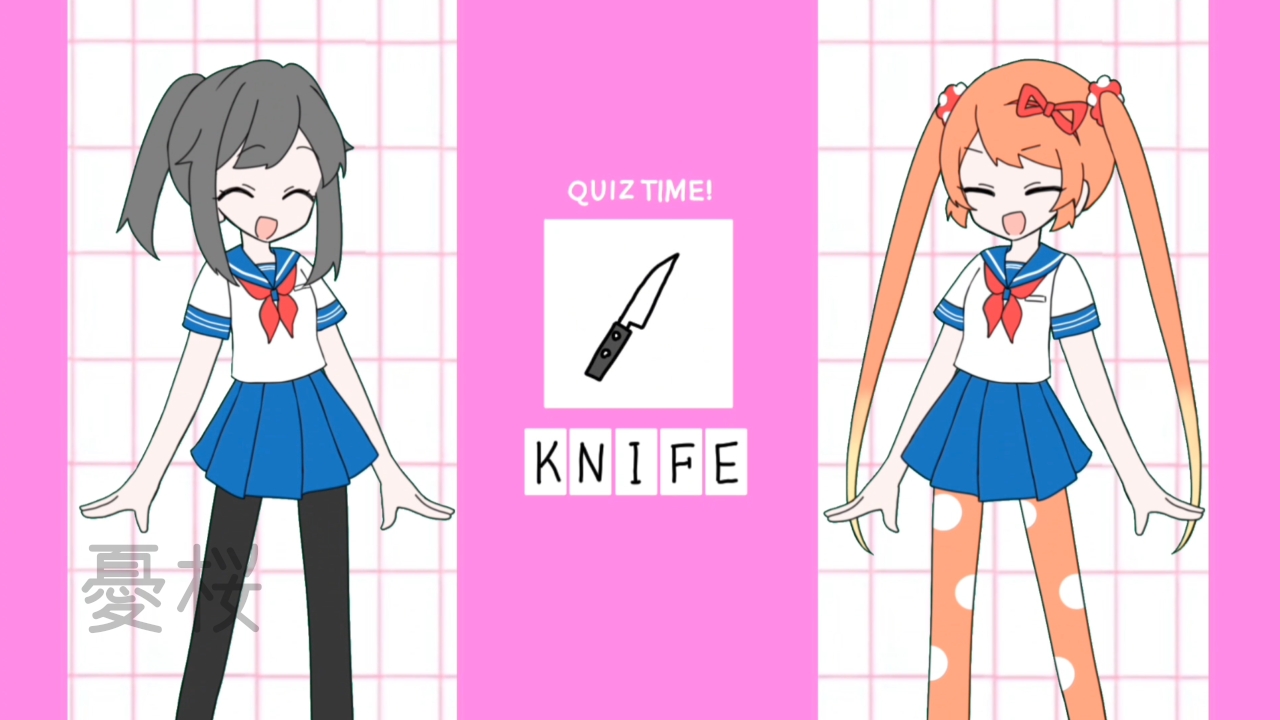 yuu sakura urara, ayano aishi, osana najimi (yandere simulator), mesmerizer (vocaloid), yandere simulator, commentary request, translation request, 2girls, black hair, long hair, looking at viewer, multiple girls, open mouth, orange eyes, orange hair, parody, ponytail, school uniform, serafuku, shirt, skirt, smile