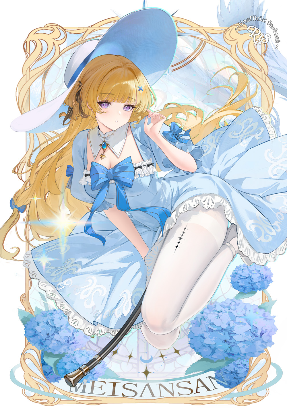 meisansan, phoebe (wuthering waves), wuthering waves, commentary request, highres, 1girl, alternate costume, artist name, blonde hair, blue bow, blue dress, bow, breasts, cleavage, content rating, cover, cover page, dress, hair ornament, hand up, hat, long dress, long hair, looking at viewer, medium breasts, pantyhose, parted lips, puffy short sleeves, puffy sleeves, purple eyes, short sleeves, solo, tacet mark (wuthering waves), thighband pantyhose, very long hair, white hat, white pantyhose, x hair ornament