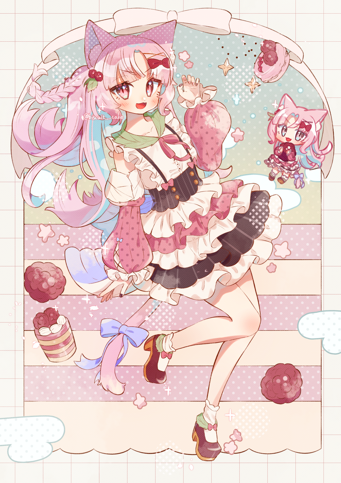 tsukumi bis, original, commentary, highres, 1girl, :3, :d, animal ear fluff, animal ears, bare shoulders, blunt bangs, blush, bow, brown shoes, cat ears, cat girl, cat tail, chibi, detached sleeves, food, frilled skirt, frills, fruit, full body, hand up, long hair, long sleeves, looking at viewer, multiple views, open mouth, parted bangs, pink eyes, pink hair, pink sleeves, purple bow, raspberry, shirt, shoes, skirt, sleeveless, sleeveless shirt, smile, socks, standing, standing on one leg, striped background, striped clothes, striped skirt, suspender skirt, suspenders, tail, tail bow, tail ornament, v-shaped eyebrows, vertical-striped clothes, vertical-striped skirt, white shirt, white socks