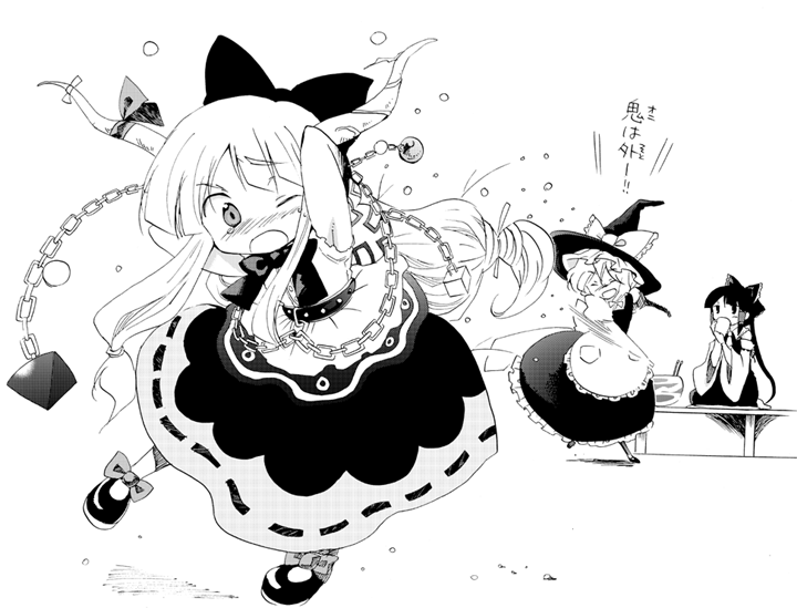 aki eda, hakurei reimu, ibuki suika, kirisame marisa, touhou, 3girls, chain, dress, female focus, greyscale, hat, horns, mamemaki, monochrome, multiple girls, oni, setsubun, white background