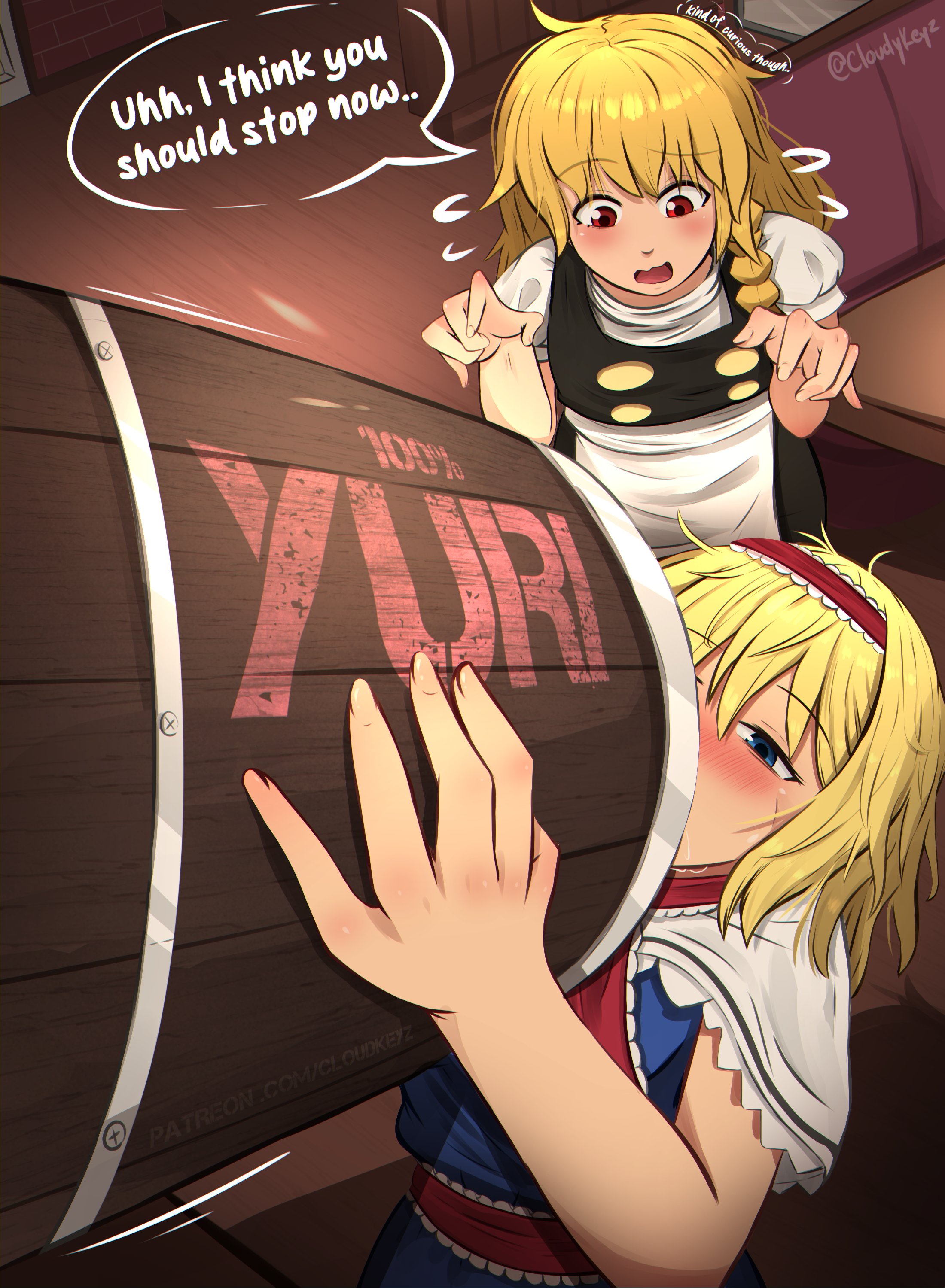 cloudykeyz, alice margatroid, kirisame marisa, touhou, absurdres, commentary, english commentary, highres, 2girls, apron, barrel, blonde hair, blue dress, blue eyes, blush, braid, capelet, dress, english text, frilled hairband, frills, hairband, indoors, lolita hairband, long hair, multiple girls, open mouth, red eyes, red hairband, short hair, short sleeves, side braid, single braid, speech bubble, waist apron, white capelet