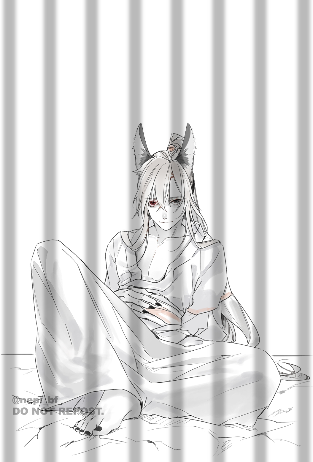 ykmr (haga), wei wuxian, modao zushi, commentary request, highres, 1boy, ahoge, animal ears, barefoot, black nails, chinese clothes, closed mouth, collarbone, fox boy, fox ears, full body, greyscale, hair between eyes, hand on own stomach, hanfu, kemonomimi mode, knee up, long hair, looking at viewer, male focus, monochrome, nail polish, pants, pectoral cleavage, pectorals, ponytail, prison, red eyes, red sash, robe, sash, shadow, sidelocks, sitting, smile, solo, spot color, toenail polish, toenails, twitter username, very long hair, watermark