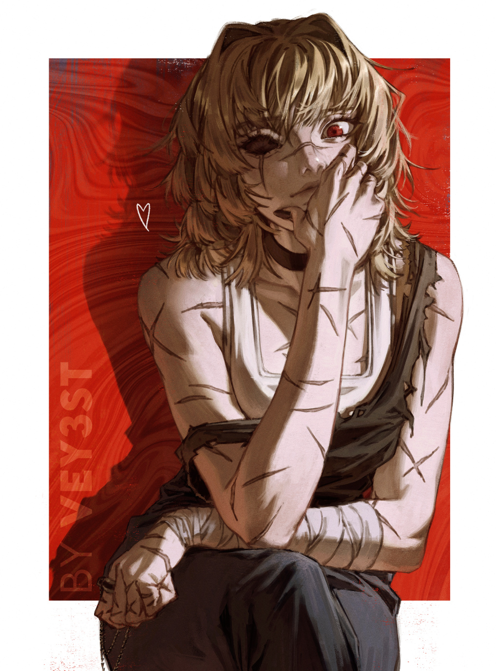 vey3st, original, commentary, highres, 1girl, black choker, black nails, border, brown hair, choker, hand on own face, jewelry, long hair, looking at viewer, medium hair, missing eye, outside border, red eyes, ring, scar, scar on face, sitting, solo, white border